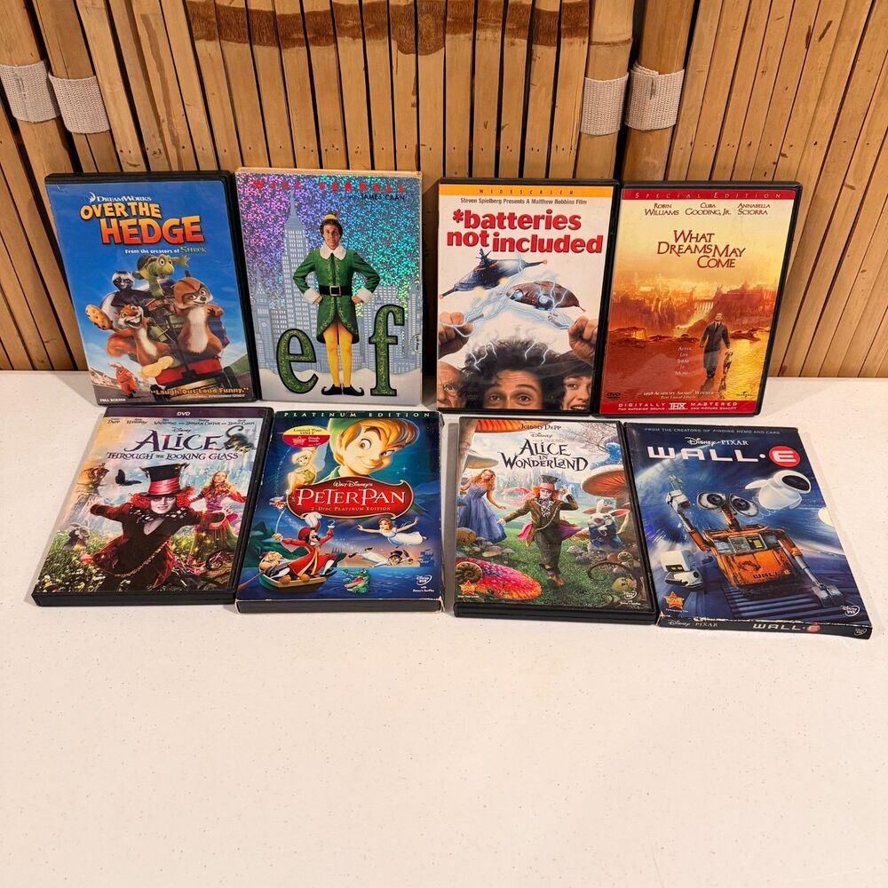 8 DVD Fantasy Family Movie Lot Disney Pixar Elf WALL-E Peter Pan TESTED PLAYS